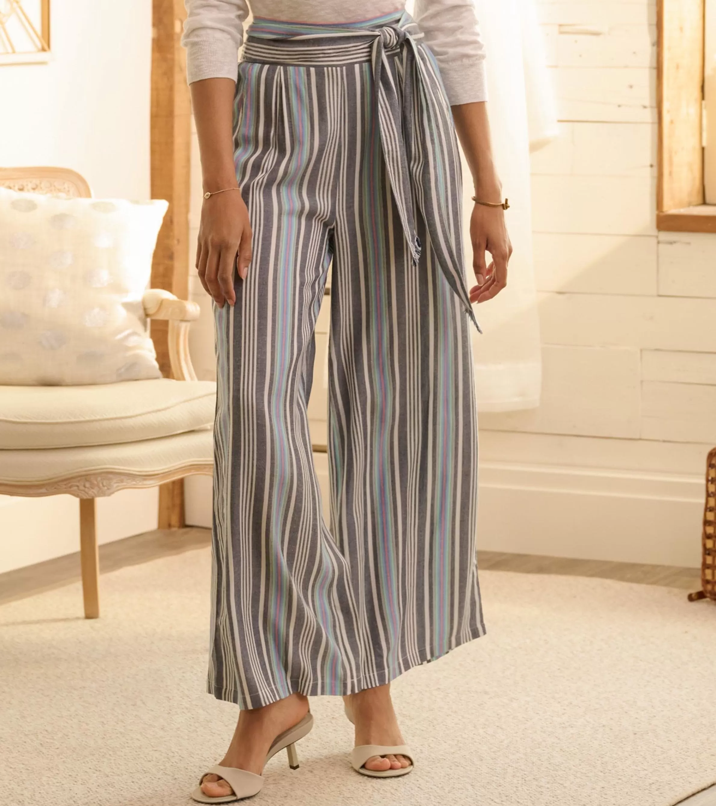 Women Hatley Bottoms*Belted Wide Leg Pants - Rainbow Stripes