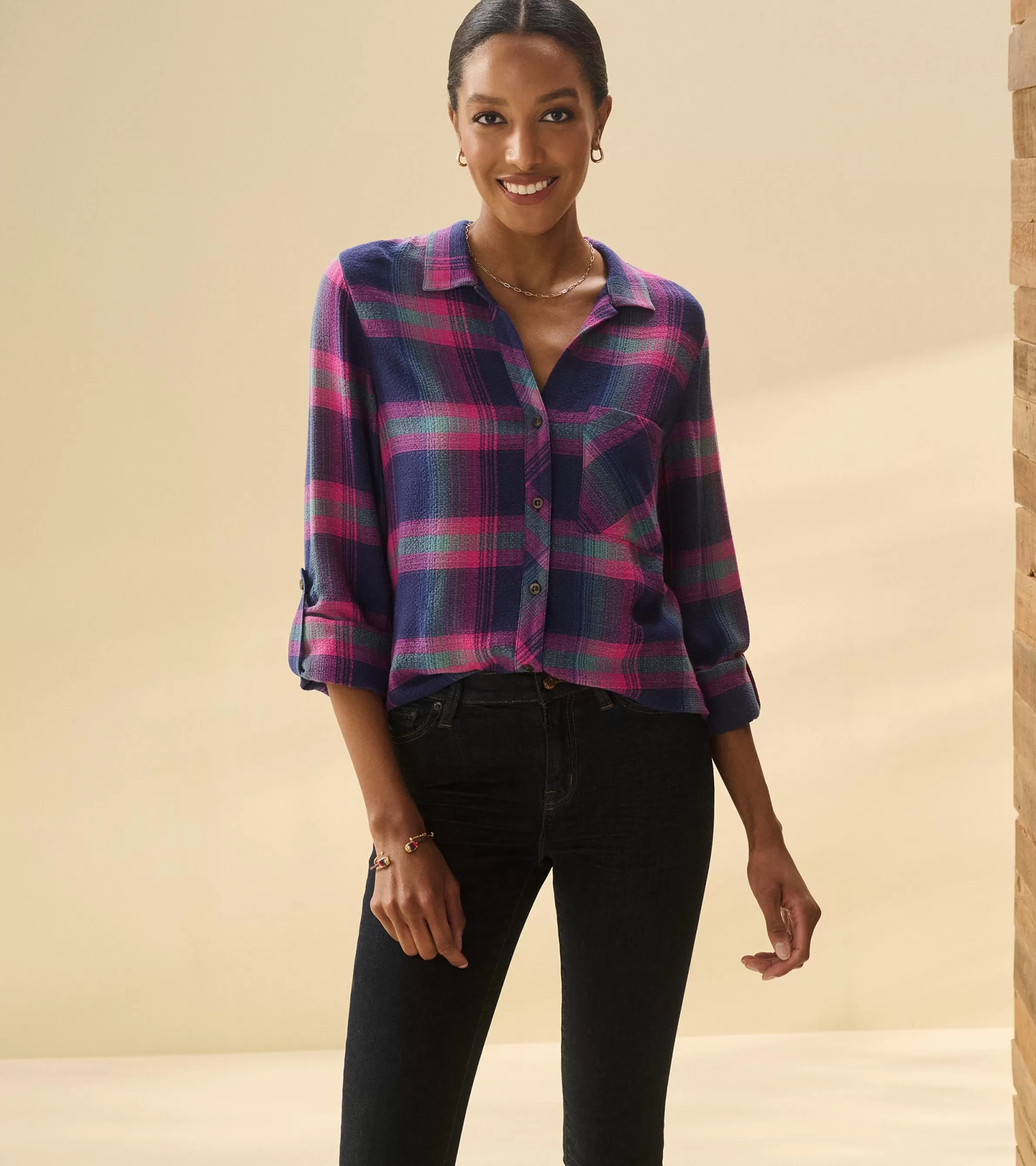 Women Hatley Tops*Lila Button Down - Fuchsia Plaid