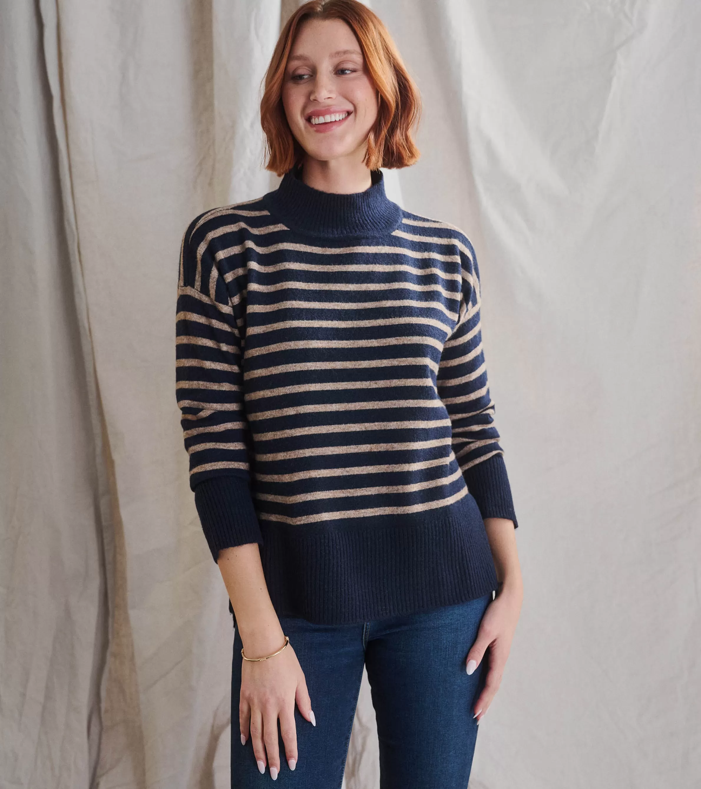 Women Hatley Sweaters | Tops*Mock Neck Tunic - Navy Taupe Stripes