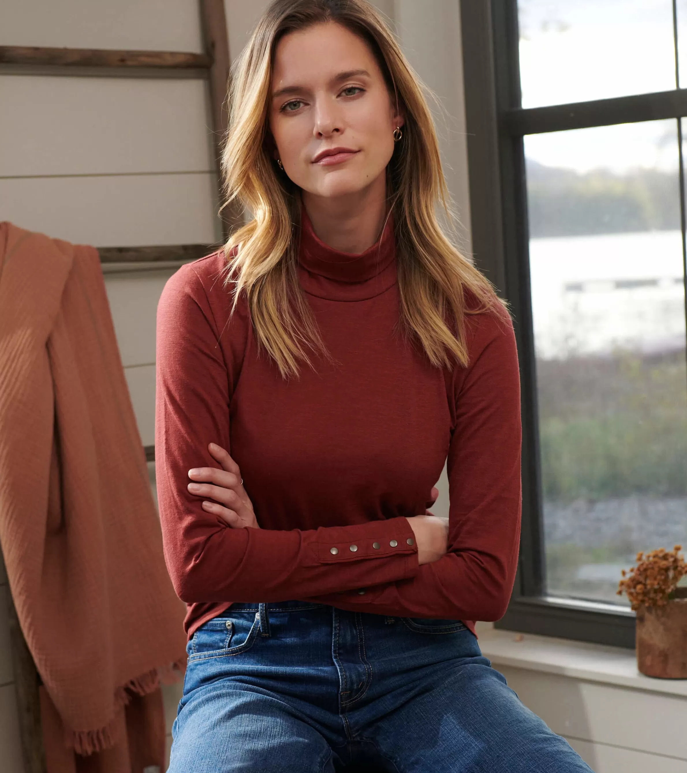 Women Hatley Tops*Snap Sleeve Turtleneck - Madder Brown